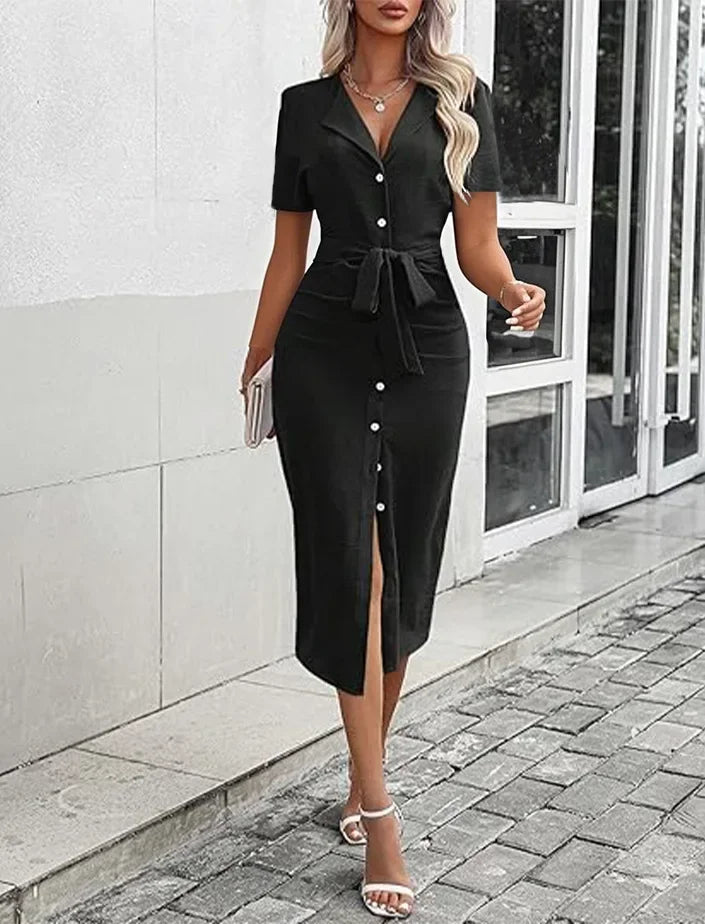 Casual Short Sleeve Women's Shirt Dress Solid Color Lapel Button Cinched Temperament Slit Dress Spring Summer New Commuter Dress