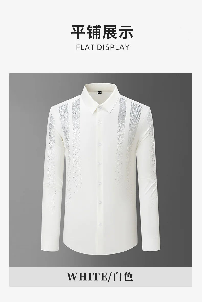 Shiny Rhinestone Long Sleeved Shirt for Men Slim Casual Business Dress Shirts High Quality Versatile Banquet Party Luxury Shirt