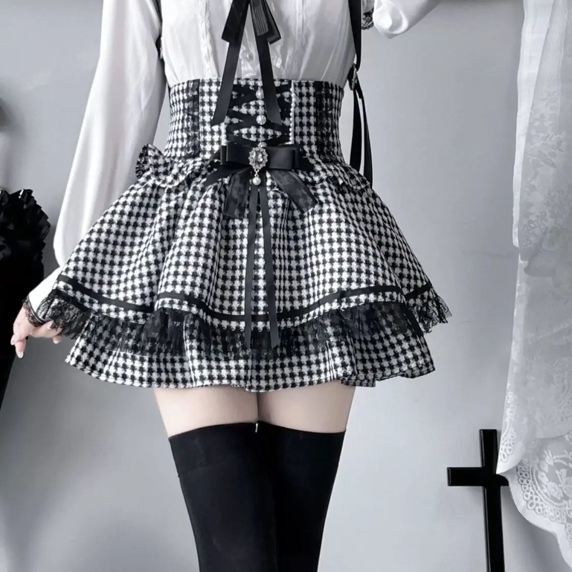 2025 Faldas Mujer De Moda Plaid Skirt for Women Sweet Japanese Jupe High Waist Bow Cute Saia Beading Bandage A-line Mini Skirts