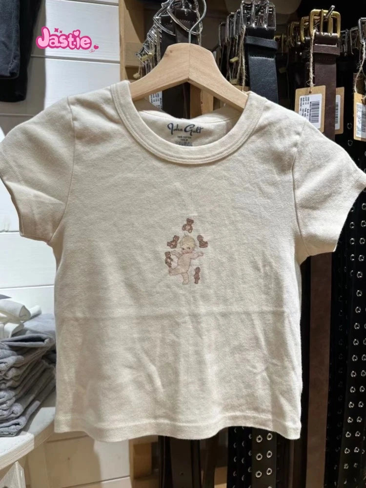 Cartoon Print Beige T-shirts Women 2024 Summer Streetwear Round Neck Short Sleeve T Shirt Female Vintage Chic Y2k Crop Top