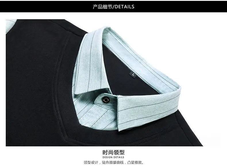 Fake Two Pieces Men Polo Shirts Turn-down Collar Striped Patchwork Business Casual Thermal Long Sleeve Comfortable Knitted Tops