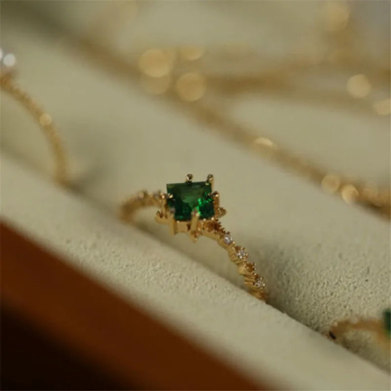 HI MAN 925 Sterling Silver French Romantic Solid Geometry Green Zircon Ring Women Vintage Temperament Engagement Gift Jewelry