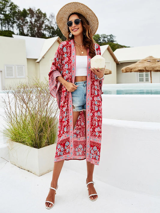 Happie Queens Vintage Floral Print Sashes Women Bohemian V Neck Batwing Sleeves  Happie Blouses  Robe Kimono Cover-ups
