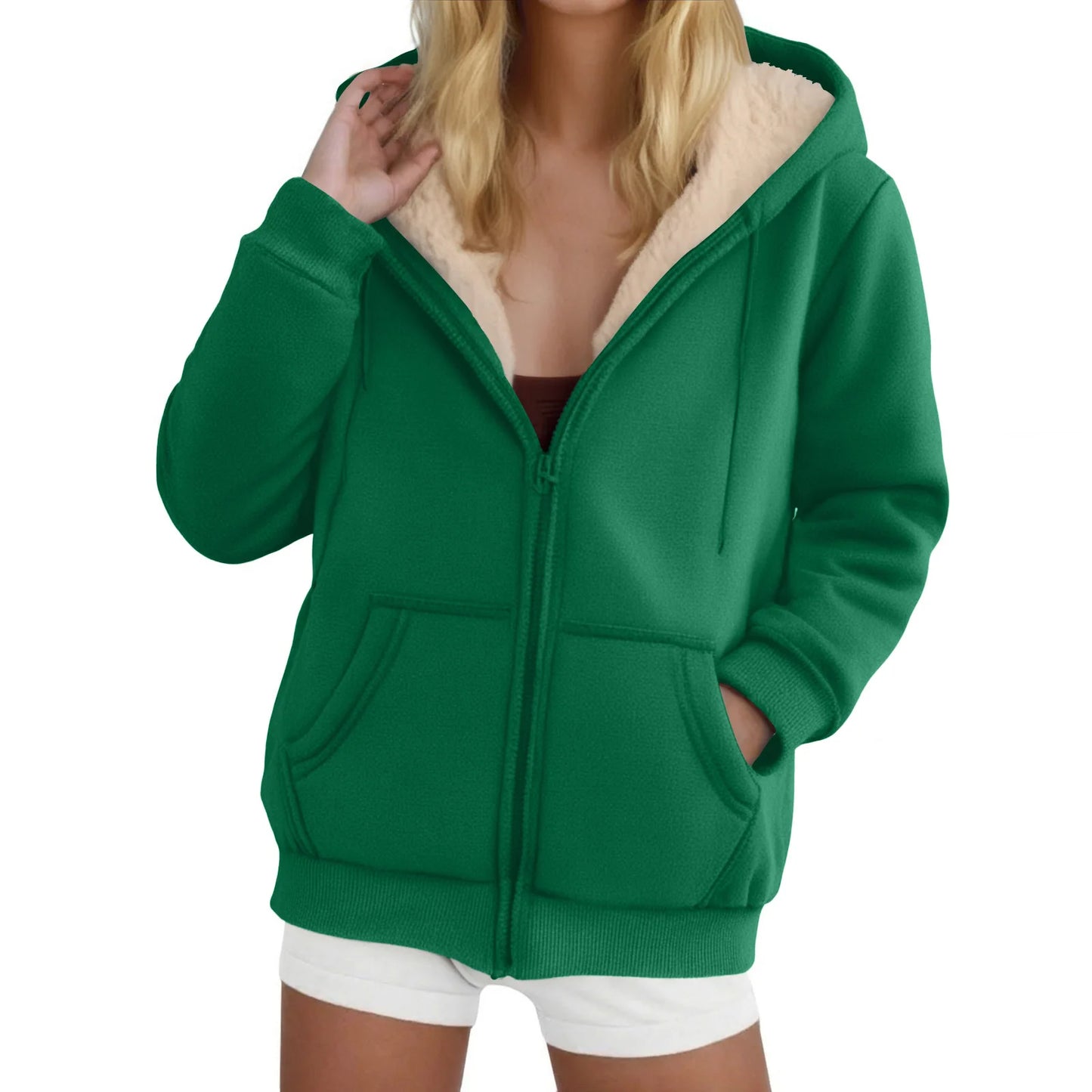 Women's Fleece-Lined Thickened Hooded Sweatshirt Solid Color Autumn Winter Thick Warm Hoodies Zipper Up Pocket Loose Jackets
