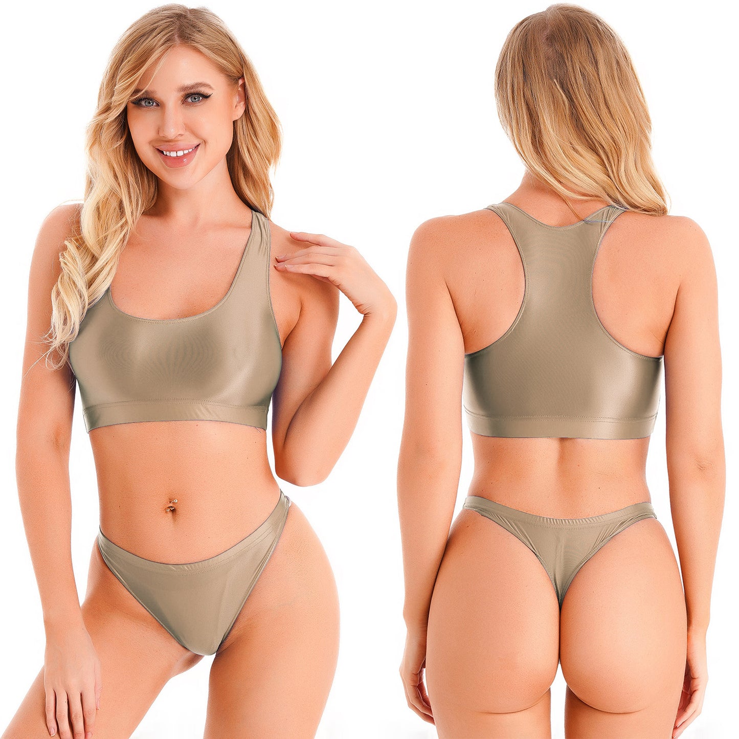 Women Glossy Swimsuit Outfit Oil Shiny Camis Crop Top Sports Fitness Smooth Tank Tops T-shirt With Panties Boxer Shorts Swimwear