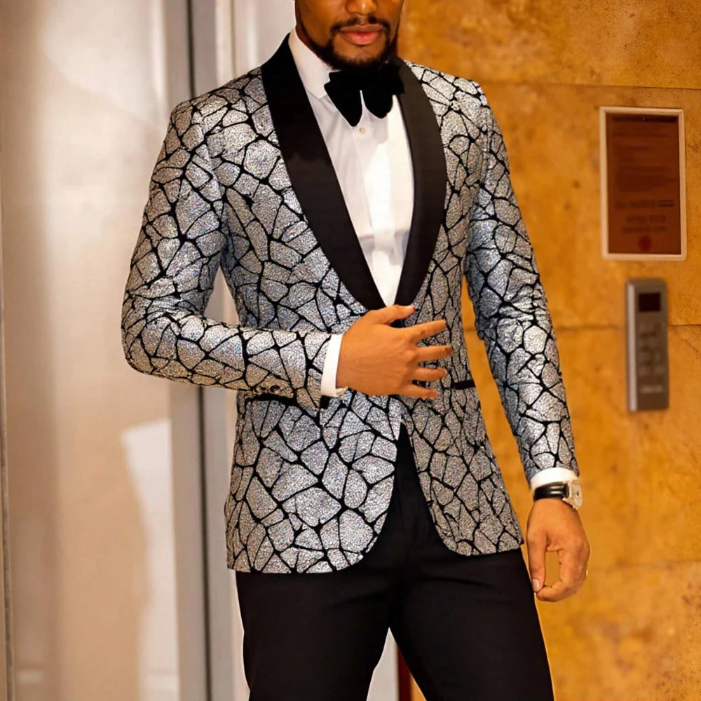 Men's shiny sequin suit jacket, single-breasted fashionable tuxedo, suitable for parties, weddings, banquets, and balls