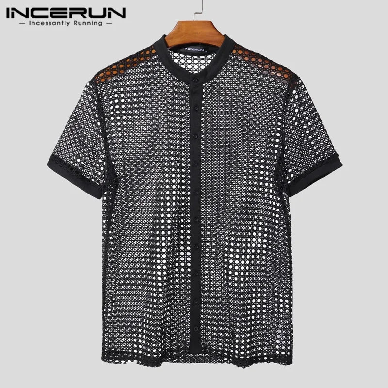 INCERUN Men Shirt Mesh See Through Hollow Out O-neck Short Sleeve Men Clothing Streetwear Summer 2025 Loose Fashion Male Tops