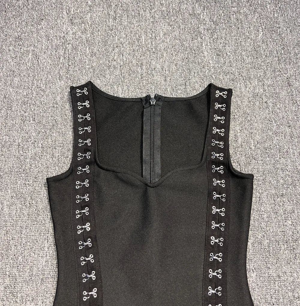 High Quality Women Sleeveless Sexy Square Collar Keyhole Bodycon Mini Bandage Dress Nightclub Party Celebrate Birthday Dress