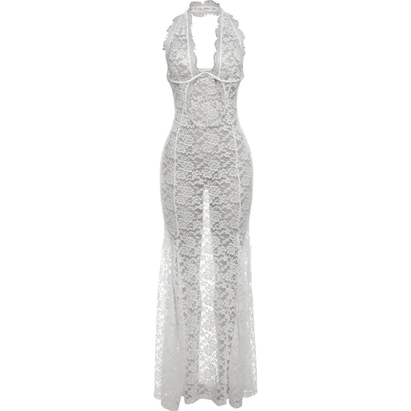 Weird Puss Lace Sexy Halter Dress Party Women Chic Backless Sleeveless Hollow Wedding Dinner Summer Vacation Bodycon Vestidos