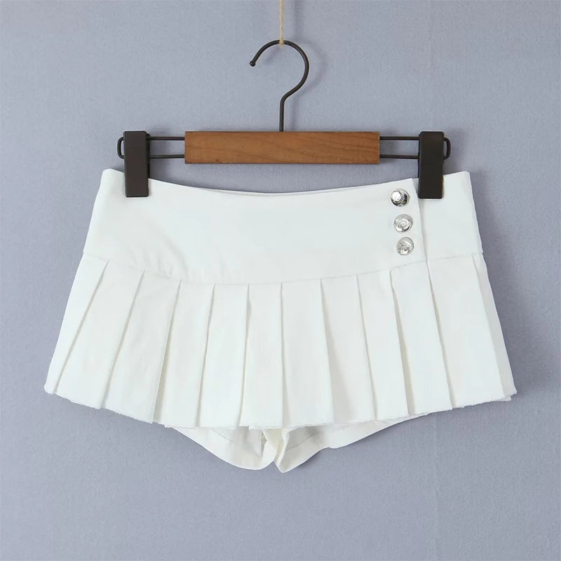 YENKYE 2023 Cool Girl Y2K American Retro Pleated Mini Skirt Sexy Low Waist Side Button Women Summer Skirts With Shorts Lining