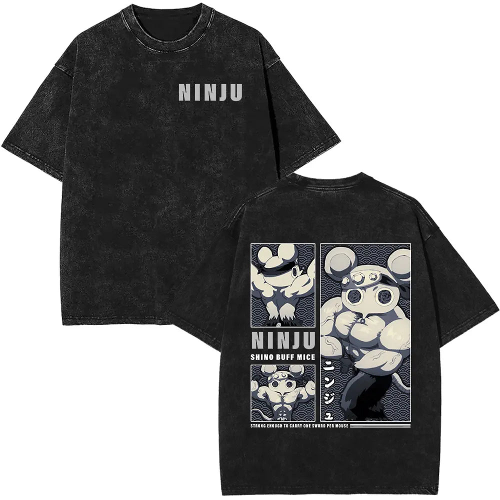 Demon Slayer Tengen Uzui Ninju Mice GYM Washed T Shirts Kimetsu No Yaiba Tee Shirt Cotton T-Shirt Unisex Casual Oversized Tops
