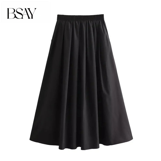 BSAY Women's Fashion Spring New Black Wide Pleated Swing Vintage Chic Female High Waist  Elegant A-line Long Skirt Mujer