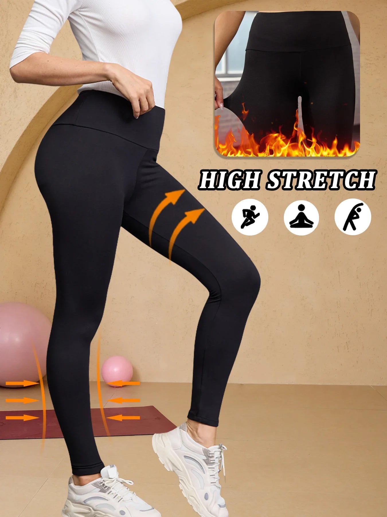Women's leggings with thermal fleece interior. High waist design provides coverage and comfort for yoga and workout sessions