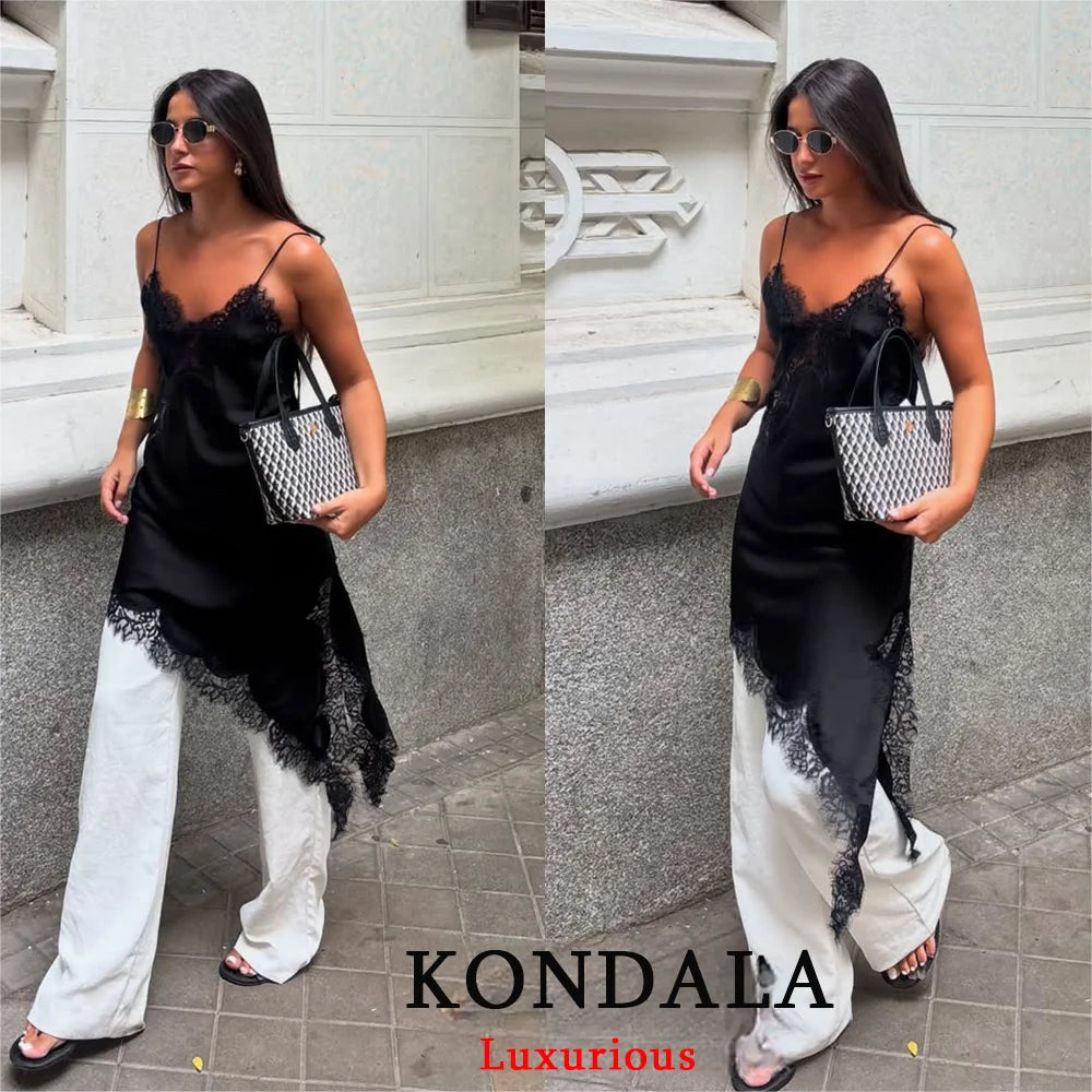 KONDALA Satin Sexy Lace Spliced Short Sling Dress Women Sleeveless Backless Asymmetric Sexy Party Dresses 2025 Autumn Lady Dress