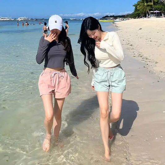 Fashionable Korean Dongdaemun Long Sleeve Women's Swimsuit Casual Beach Vacation Two Piece Conservative Student Bikini Set