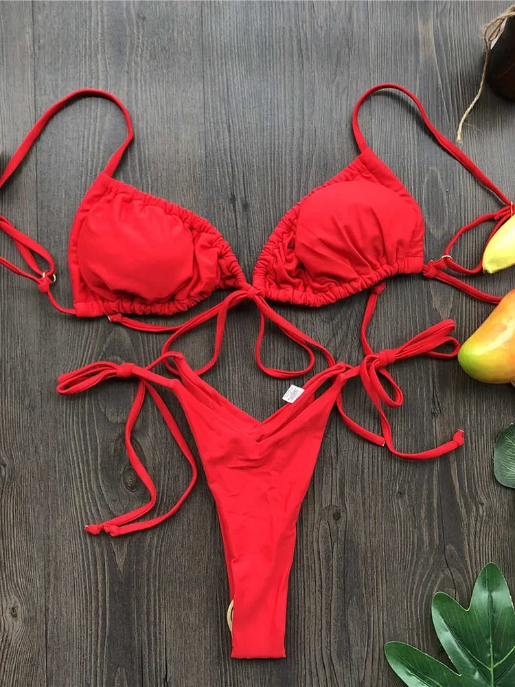 Sexy Printed Ruffled Frilled Thong Bikini Women Swimwear Female Swimsuit Two Pieces Bikini set Micro String Bathing Suit Swim