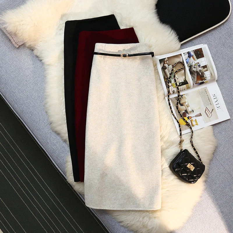 Seoulish 2024 New Autumn Winter Wrapped Woolen Midi Skirts for Women Fashion High Waist Solid Color Office Lady Straight Skirts