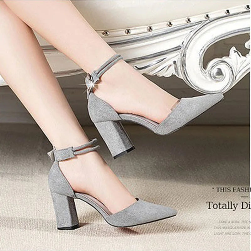 2025 Summer Square High Heels Women Shoes Flock Pointed Sandals Sexy Female Sandalias Shoes Ankle Buckle 6cm Heel Casual Pumps