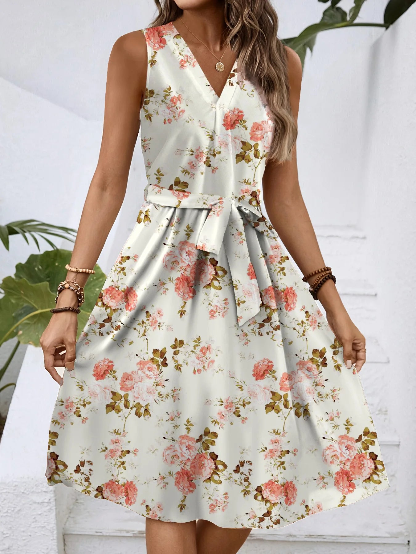 Dress Women Flower Print Dresses Sleeveless V Neck Lace Up Tight Waist Knee Length A Line Office Lady 2025 Summer Vestidos