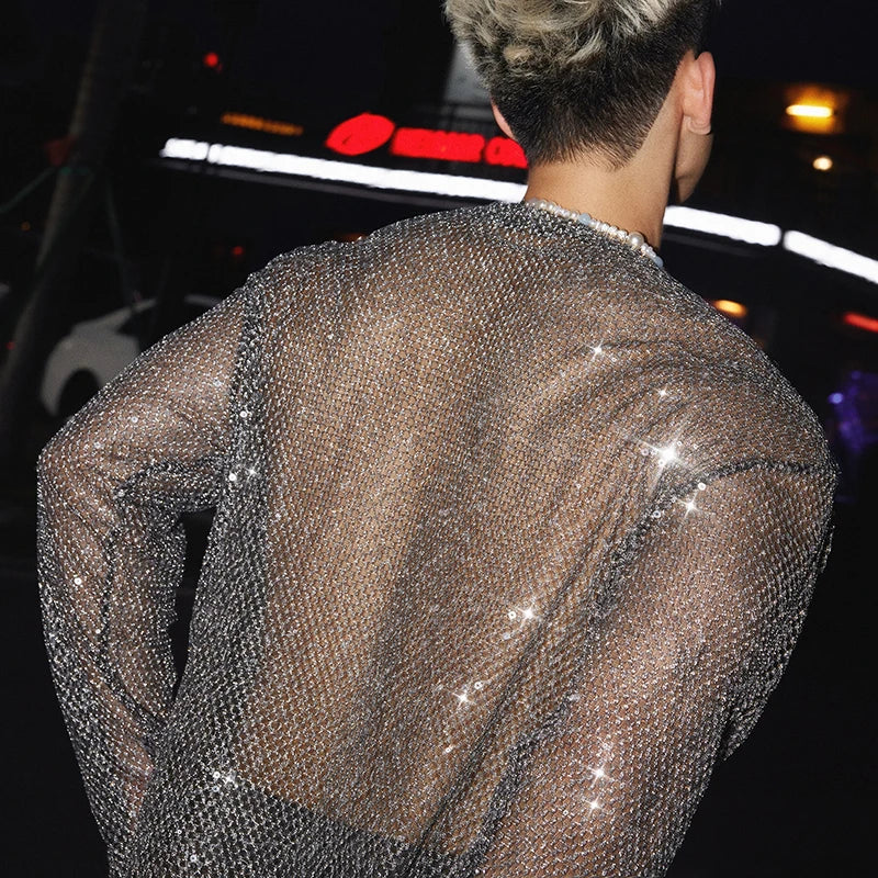 FEWQ Sequins Decoration Men's T-shirts Mesh Design Round Collar Tops Long Sleeved See-through Pullover Male Tees Niche 24K4819
