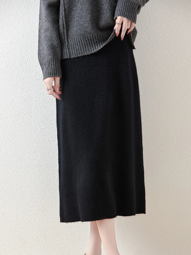 100% Merino Wool Knitted Half Skirt Autumn Winter Women's Elegant A-line Skirt High Waisted Mid Length Slimming Thick Warm Dress