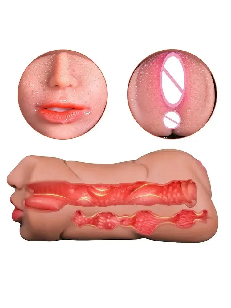3-in-1 Male Masturbator - Deep Throat + Artificial Real Pussy + Realistic Rubber Vagina, Oral Blowjob Toy