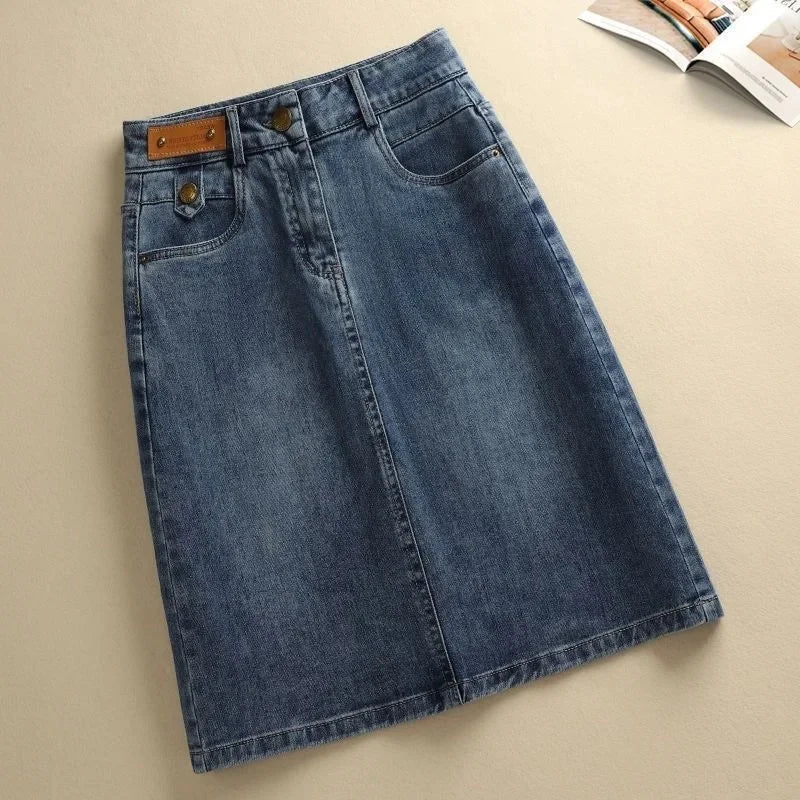 High Waist Denim Skirt Women's Spring Summer New Style Slimming Fashionable Versatile Small Size Draped Midi Skirt