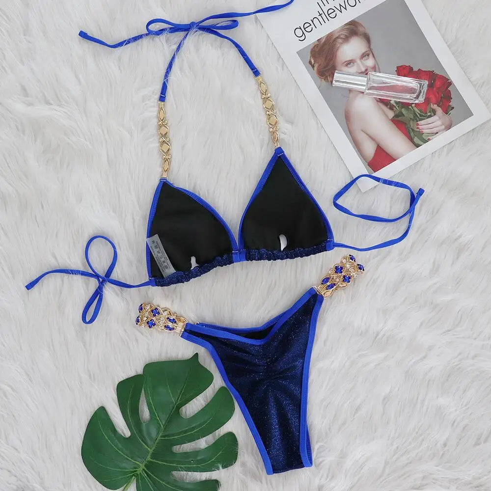 Sexy Bikinis Swimsuits Woman 2025 Luxury Rhinestones Push Up Diamond Thong Swimwear Shiny Gold Beach Bathing Suit Bikini Set