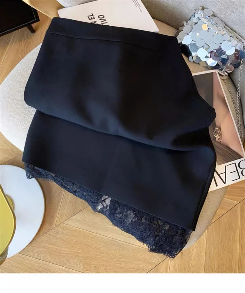 Autumn New Sexy Women's Slim Temperament Bag Hip Skirt Elegant Lace Patchwork Office Lady Midi Skirt Fashion Split Jupe 432P