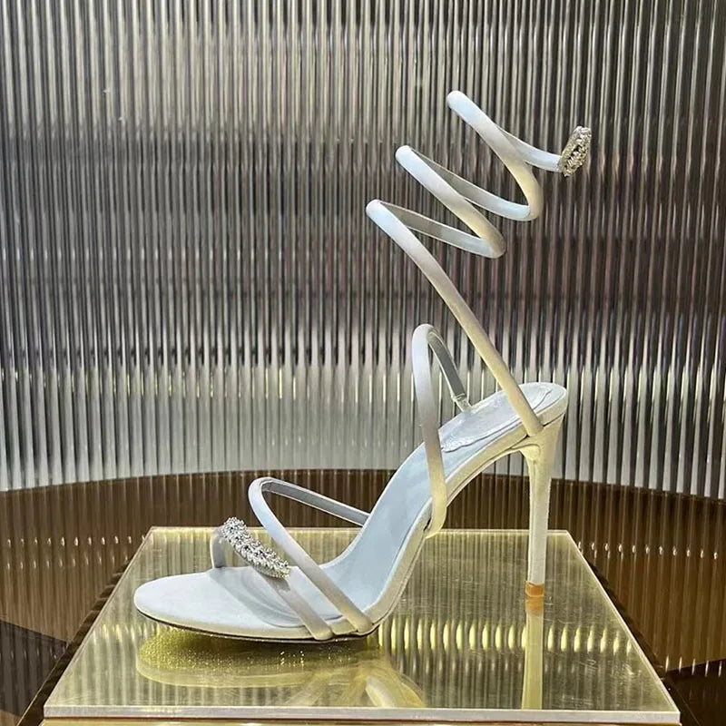 Summer High Heels Sandals Woman Butterfly-knot Rhinestone Snake Twine Around Ankle Strap Wedding Shoes Thin Heels Sandals Women