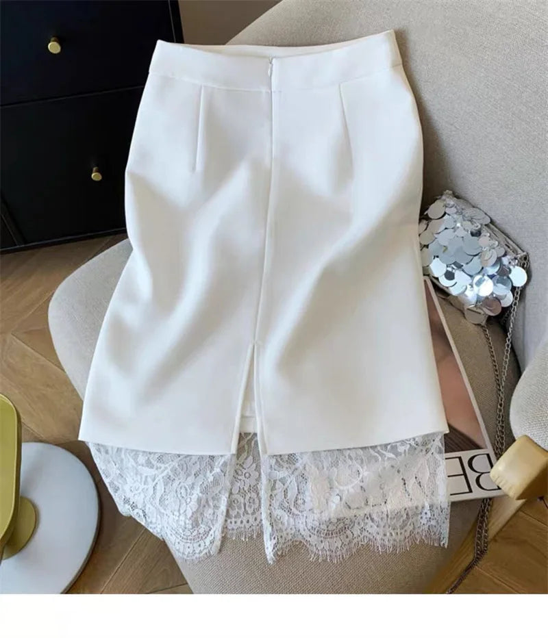 Autumn New Sexy Women's Slim Temperament Bag Hip Skirt Elegant Lace Patchwork Office Lady Midi Skirt Fashion Split Jupe 432P