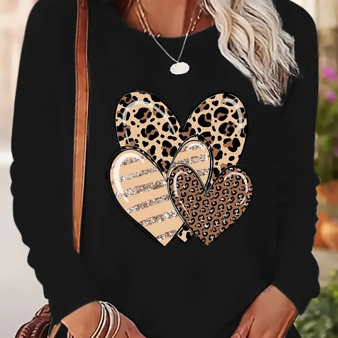 Women's Spring and Autumn 100% pure cotton fashionable casual loose heart-shaped pattern printed round neck long sleeved T-shirt