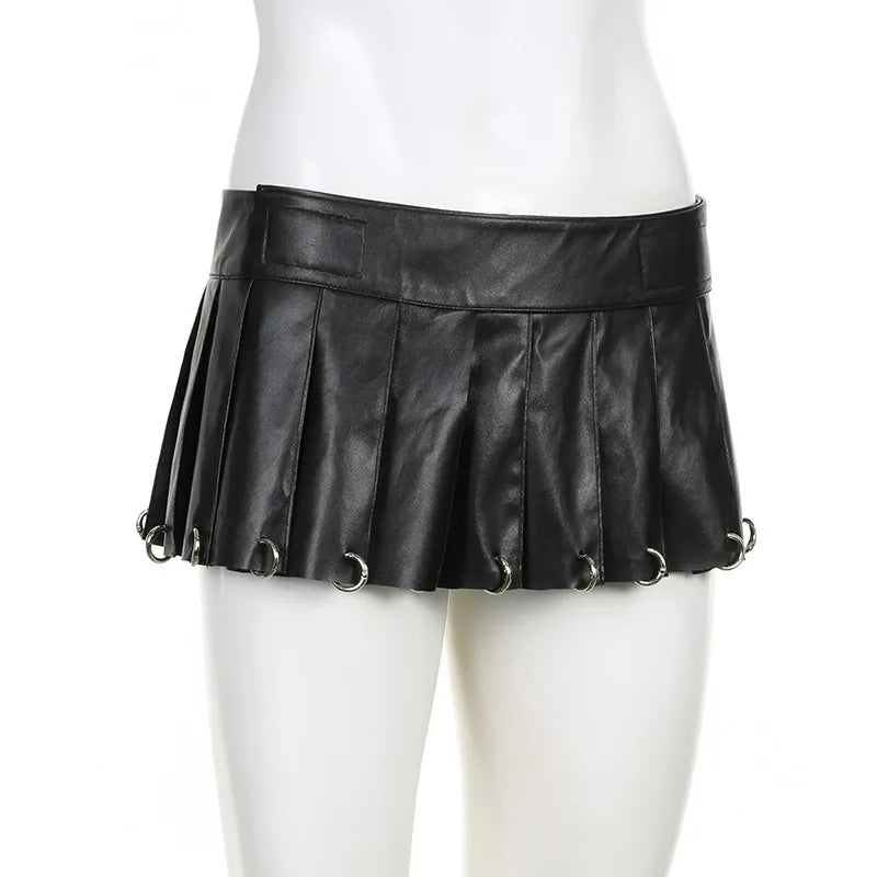 2025 New PU Leather Hollow Hoop High-waisted Velcro Slim A-line Pleated Skirt Short Dress for Women