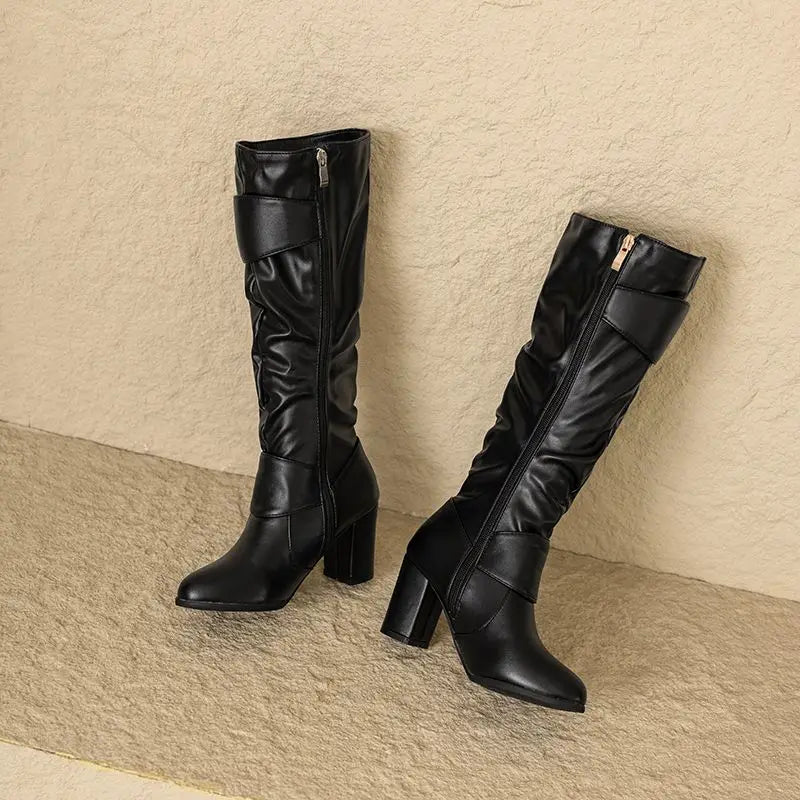 REAVE CAT Classic Women Knee High Boots Round Toe Block Heels 7.5cm 51 52 Pleated Fashion Booties