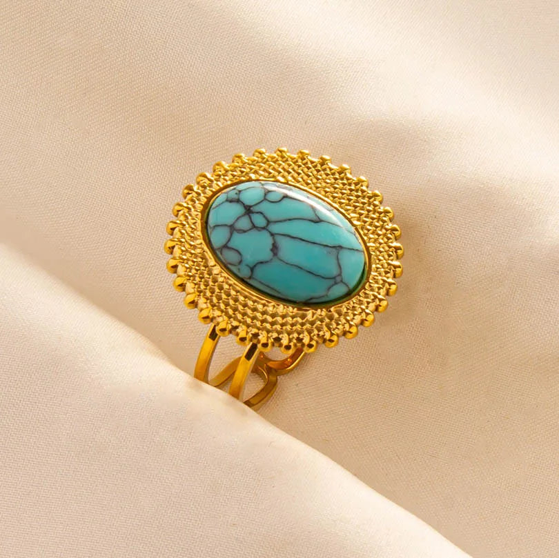 Classic Retro Turquoise Finger Jewelry Stainless Steel Rings For Women Men Accessories Open Adjustable 18k Real Gold Plated Ring