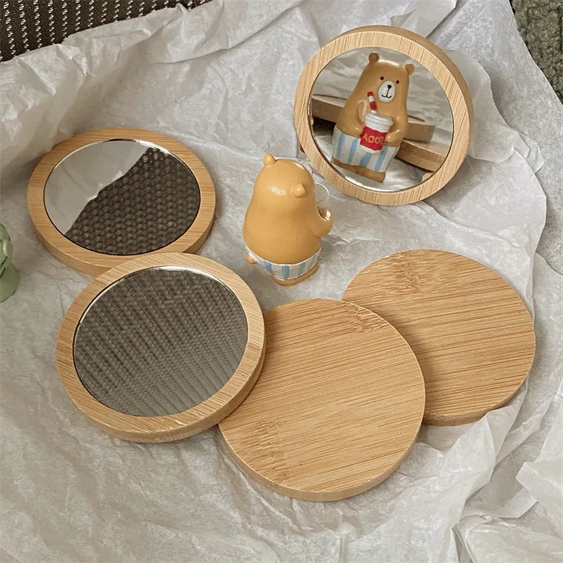 7.2*7.2cm Pure Wood Makeup Mirror Functional Wood Stylish Girls' Round Mirror Versatile Portable Mirror for Beauty Tool