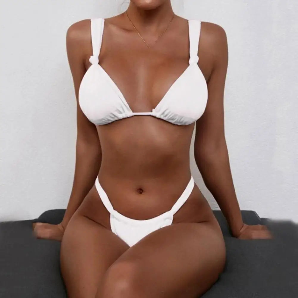 2Pcs/Set Women's Swimsuit 2025 Solid Color Halter Bikini Set With Padded Sexy Split Design Lady Swimwear Woman Clothing