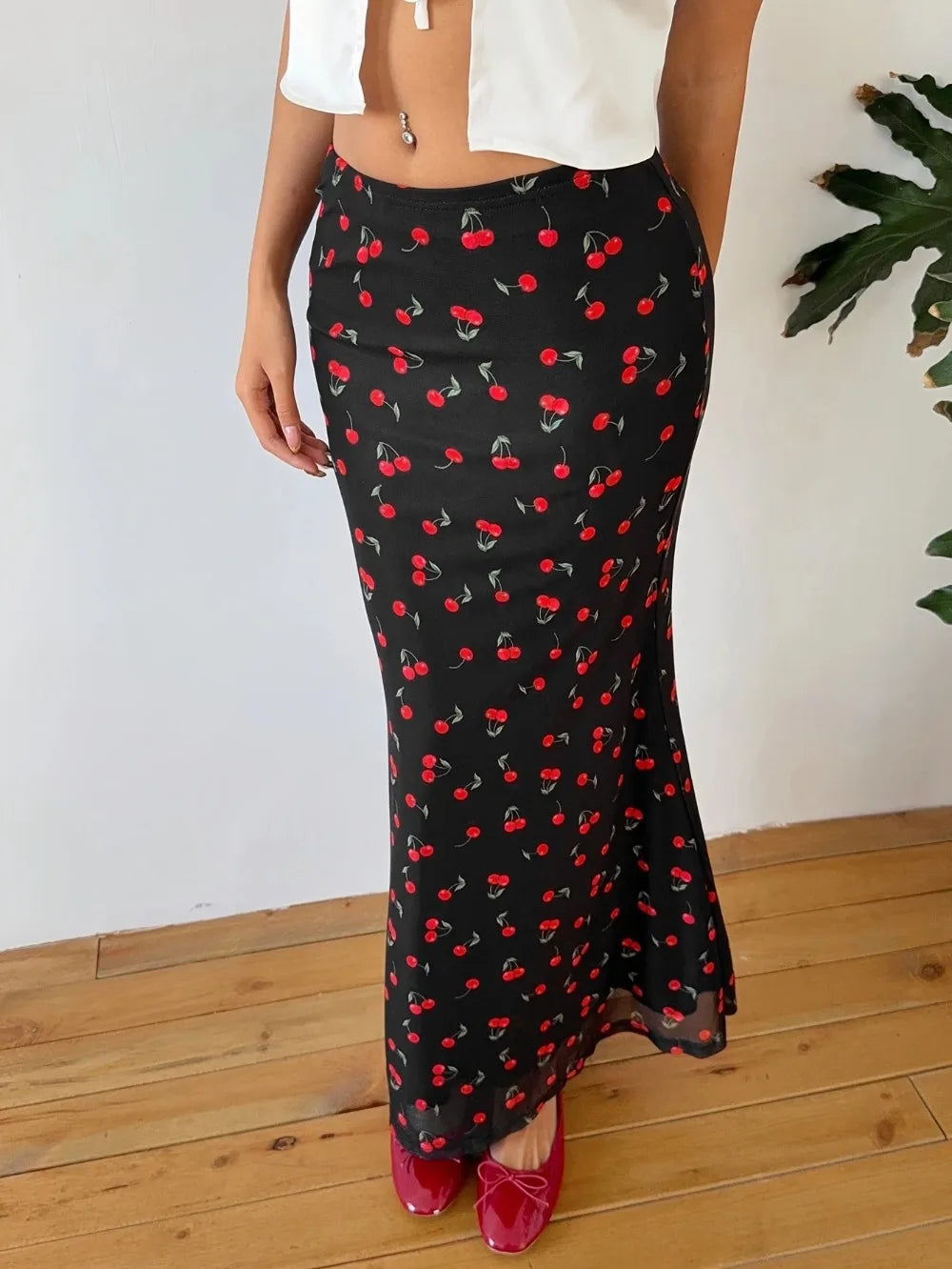 Summer Fashion Long Skirts for Women's Cherry Print High Waist Contrast Patchwork Slim Elegant Sexy Slim Ladies Y2k Maxi Skirt