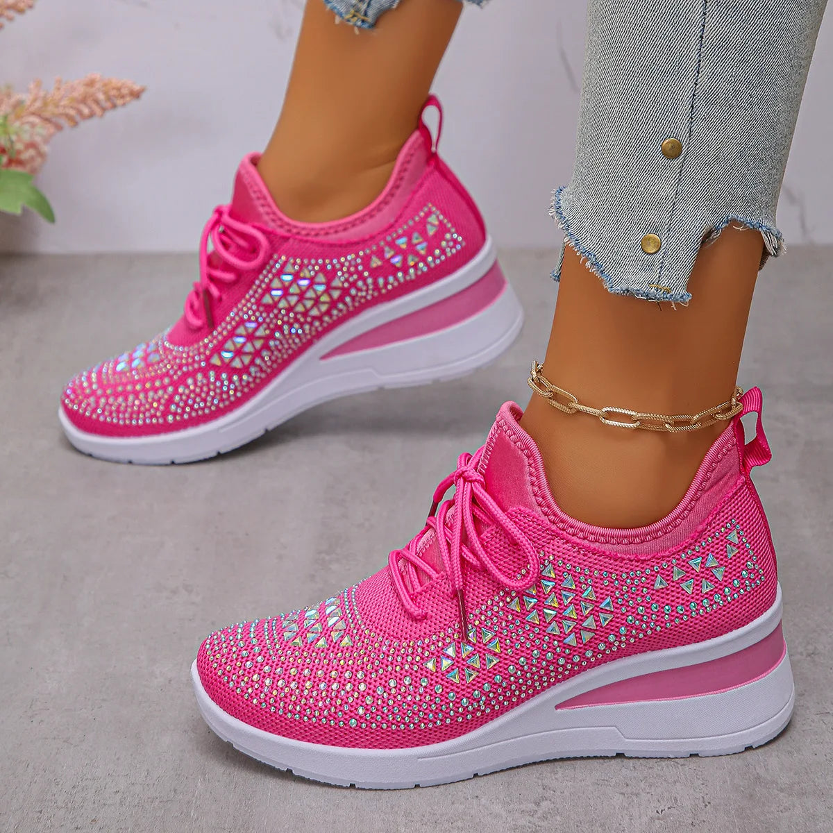 Women's Shiny Rhinestone Wedge Sneakers Breathable Knit Non Slip Walking Shoes Woman Plus Size Fashion Thick Sole White Sneakers
