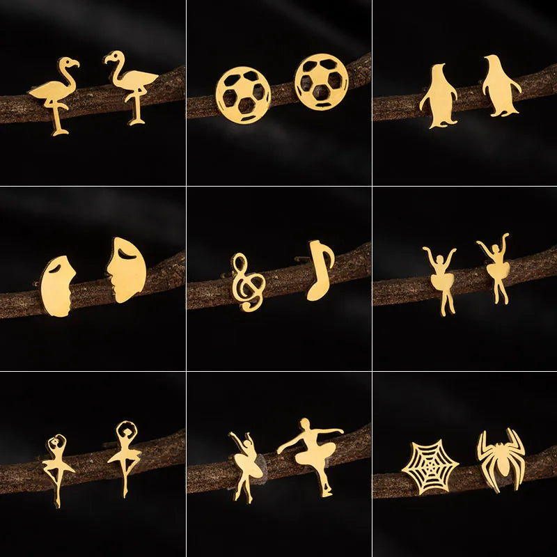 100% Stainless Steel Women Earrings Multiple Style Flamingo Moon Music Ballet Soccer Ear Cartilage Stud Piercing Jewelry Gift