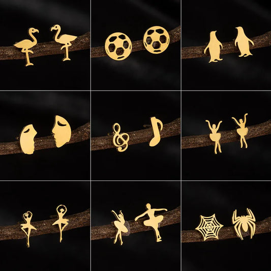 100% Stainless Steel Women Earrings Multiple Style Flamingo Moon Music Ballet Soccer Ear Cartilage Stud Piercing Jewelry Gift