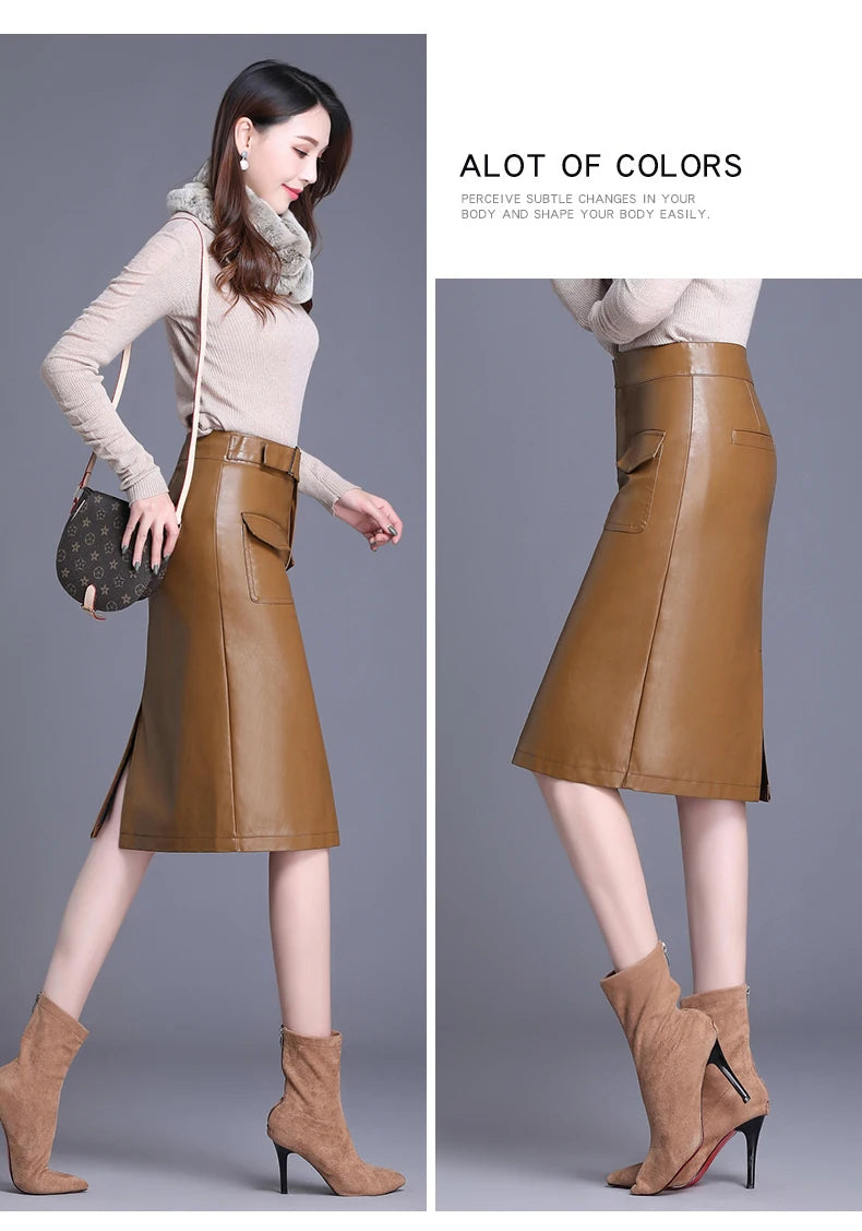 ZUZK Women  Knee Length PU Leather Skirt   Spring Autumn Solid Color Casual Straight Skirts PU Leather Skirts  3 Colors