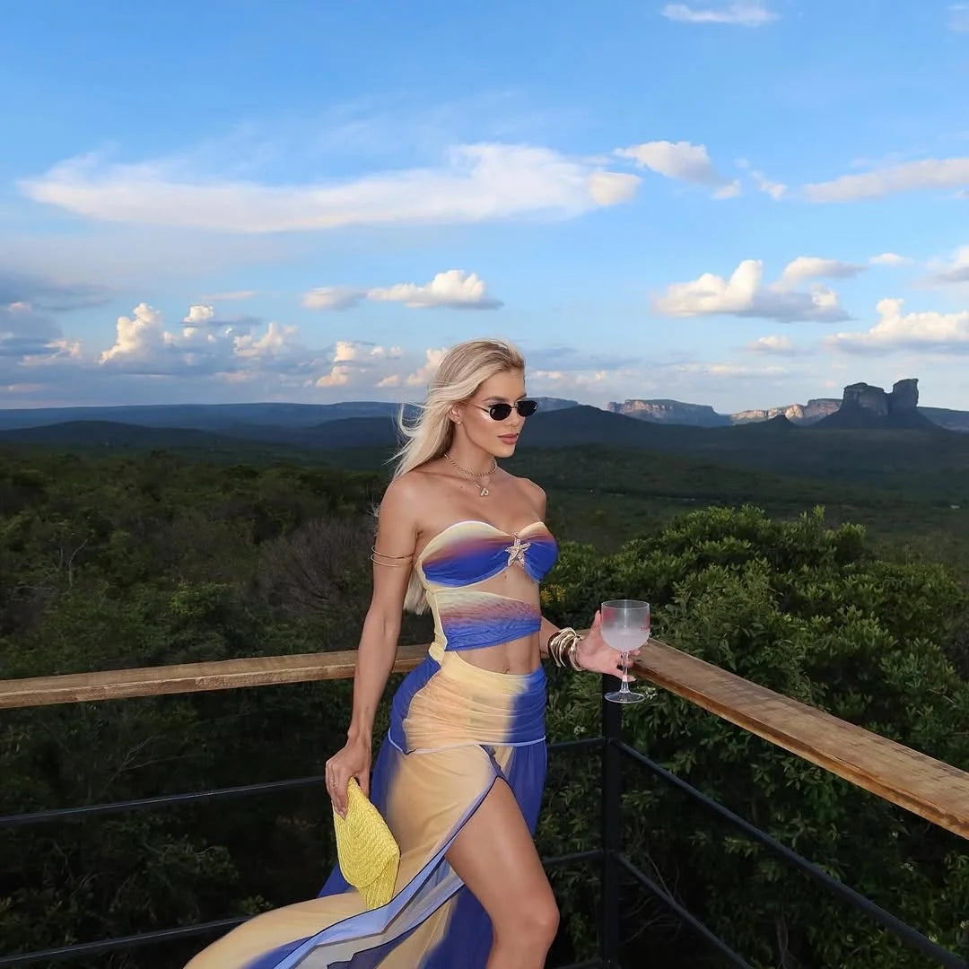 Bandage Swimwear with Skirt Slit Skirt Gradient Swimsuit Long Skirt Suit Swimsuits Women Bathing Suits Summer Beachwear Biquini