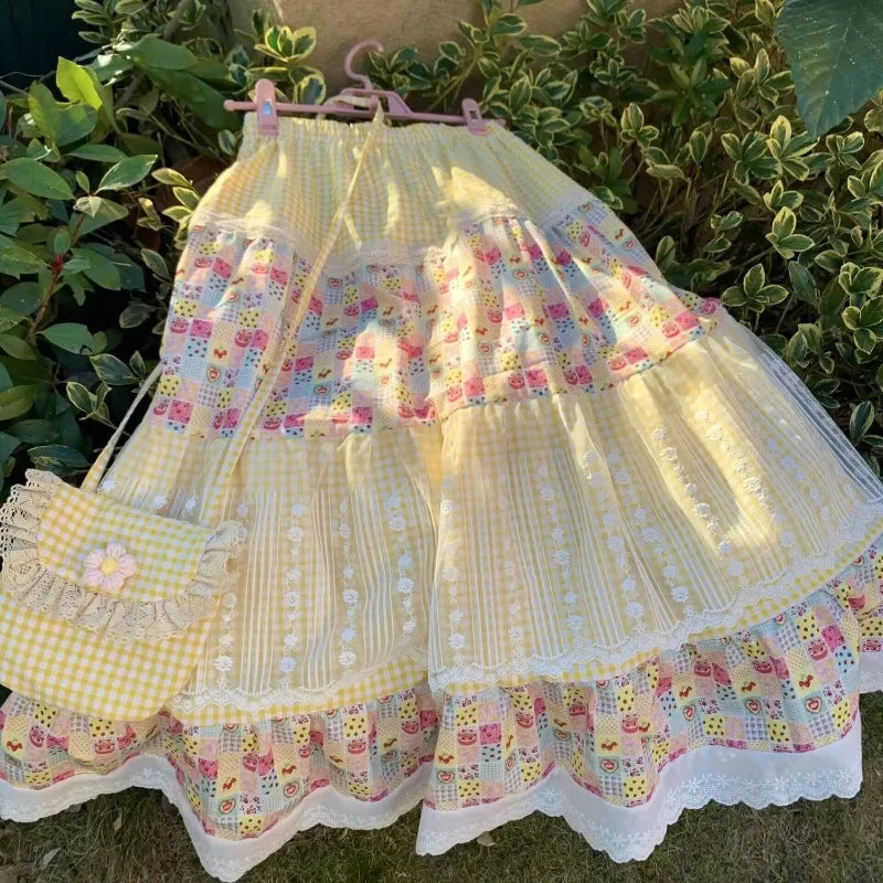 2025 New Summer Vintage Stitching Print Skirts Sweet Loose Design Cake Skirt Women Korean Fashion Patchwork Retro Outfits Beach