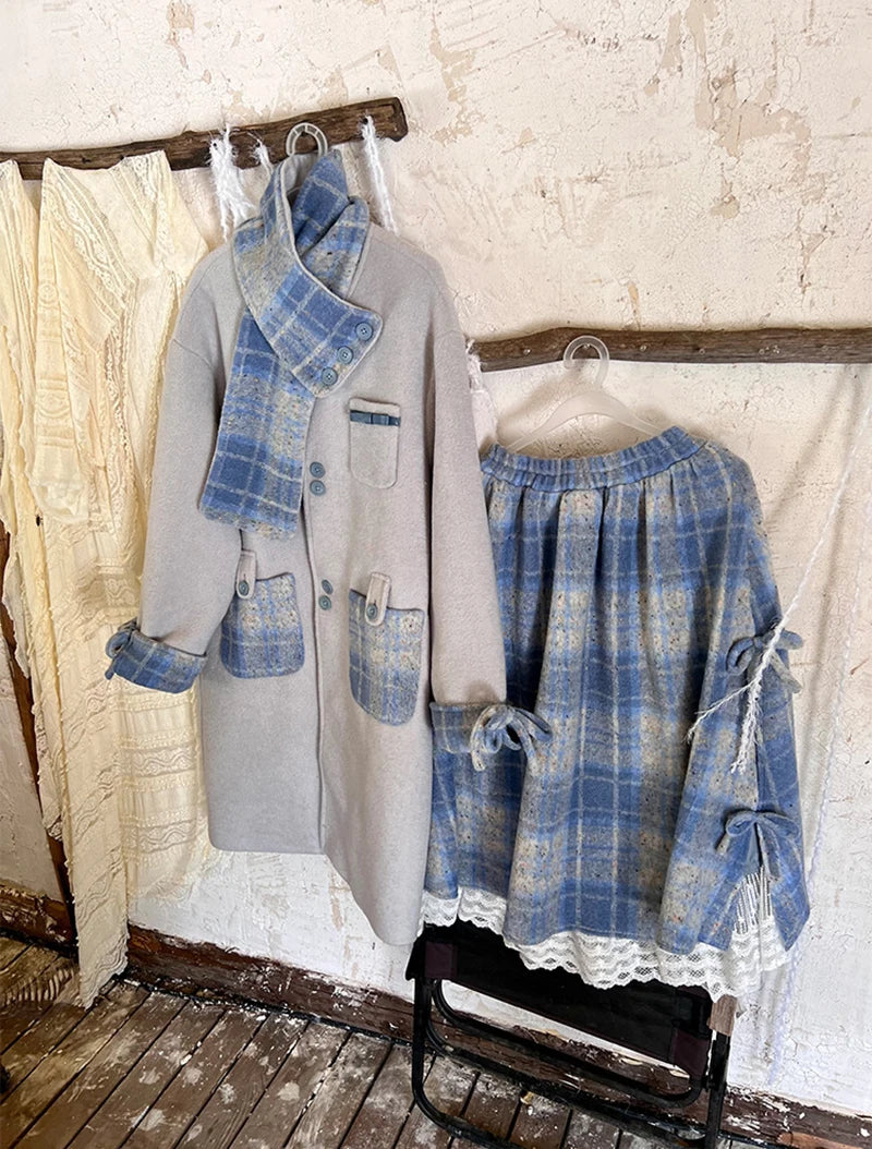 MEXZT Vintage Plaid Woolen Midi Skirt Women Japanese Kawaii Bow Lace Patchwork Skirts Winter Harajuku Cute Casual A Line Faldas