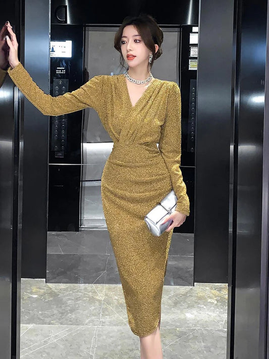 Women Clothes Casual Glitter Shiny Gold V-Neck Folds Slim Asymmetrical Dress Elegant Evening Party Birthday Vestidos Spring New