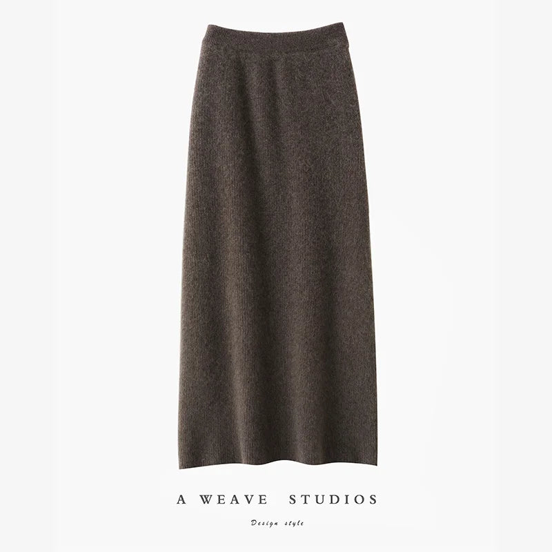 100% Merino Wool Skirt Women's Elastic Waist Cashmere Striped Skirts Office Lady Knitted Simple Dress Thickening Autumn Winter