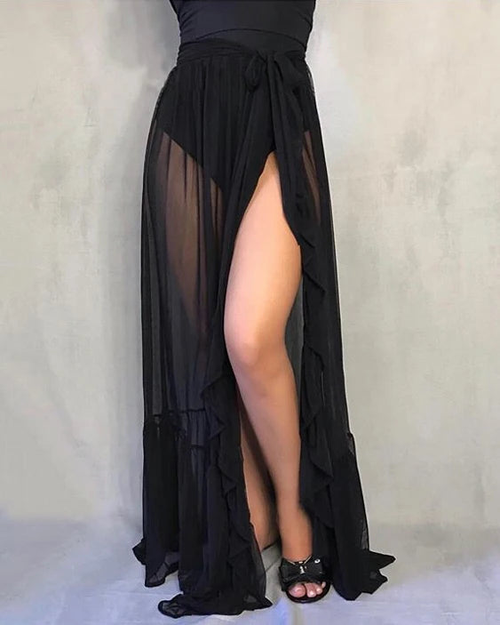 Combhasaki Womens Mesh Sheer Beach Holiday Ruffled Sunscreen Bikini Cover Up Wrap Belted Bow knot tied Long Skirt Summer Holiday