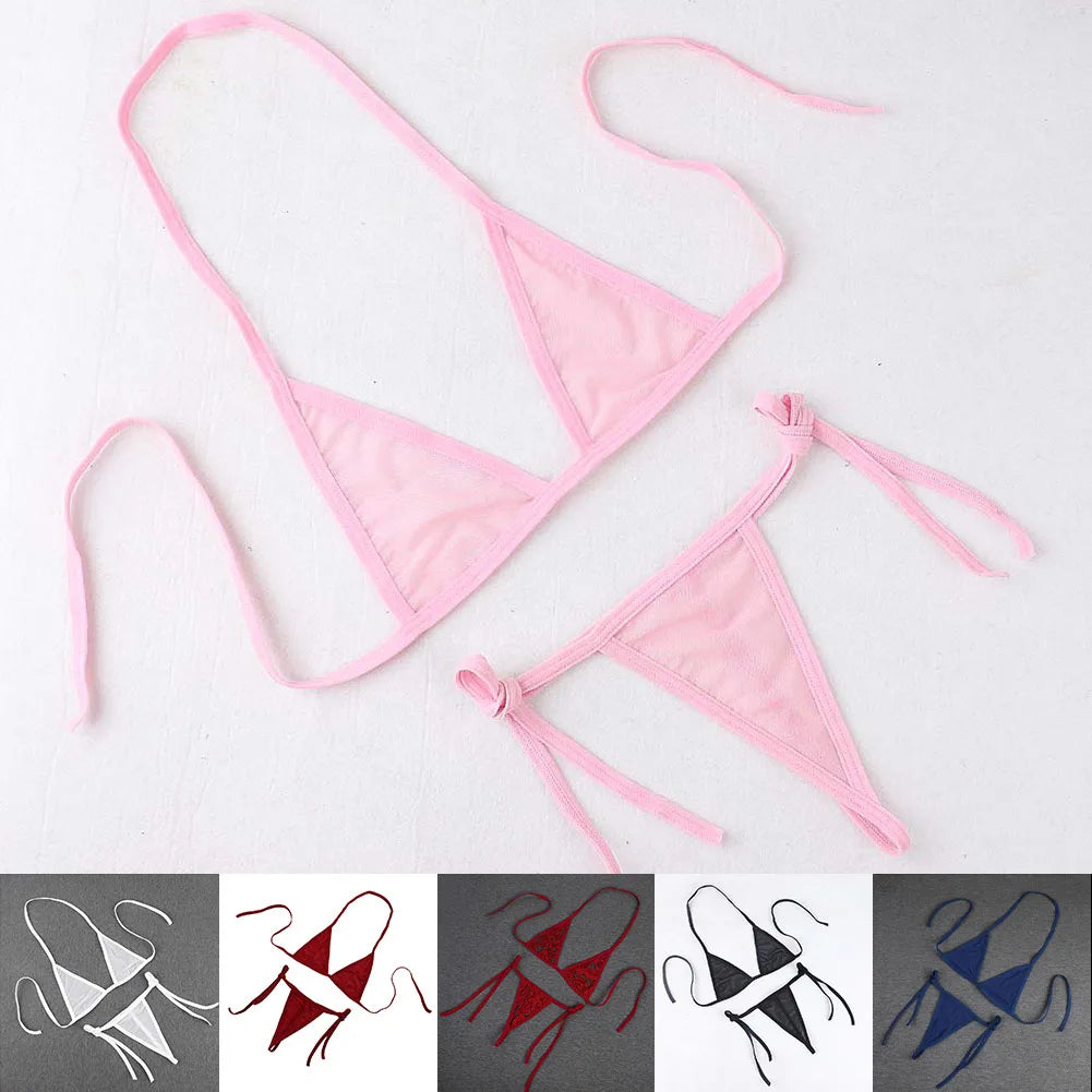 Womens Sexy Lingerie Bikini See ThrougSwimwear 2 Piece Bra With Tie Side Comfortable Thong Solid Color Beachwear Fashion Bustier