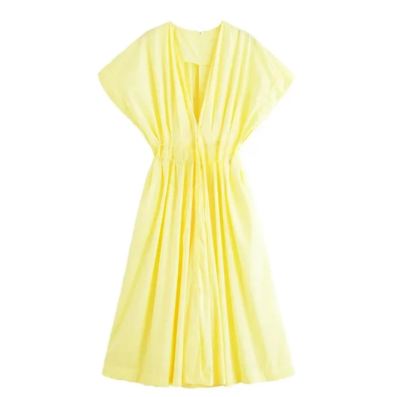 Slimming Casual Short Sleeve Pleated Shoulder Draped Dress Versatile Women's Fashion Design Knee-Length V-Neck Dress